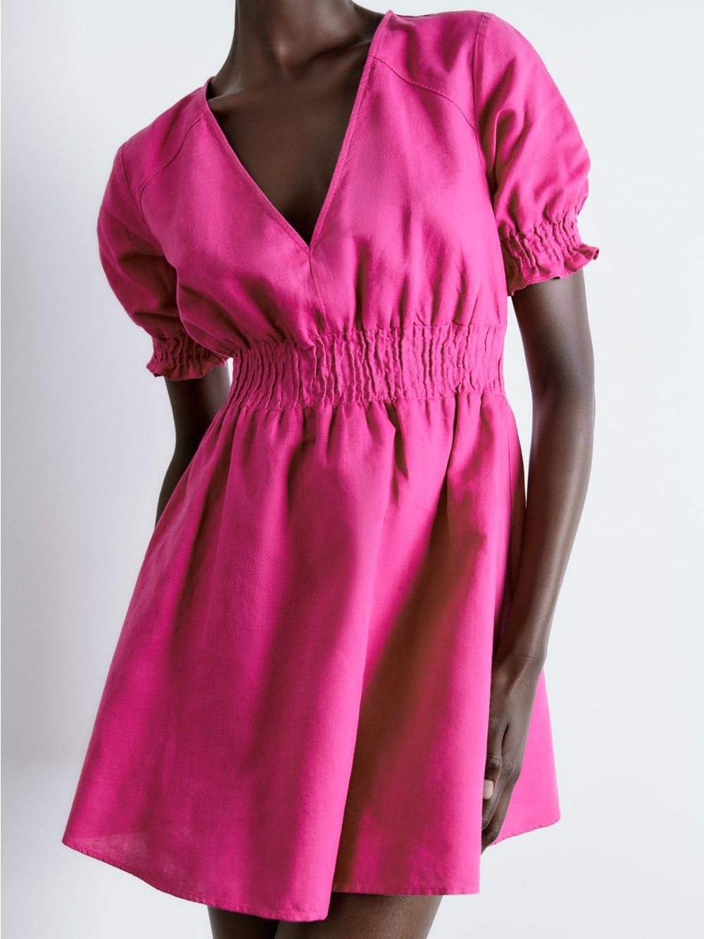 Zara Pink Smocked Waist Linen Dress